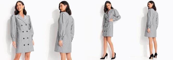 Vestido Listrado Cinza em Tecido Plano