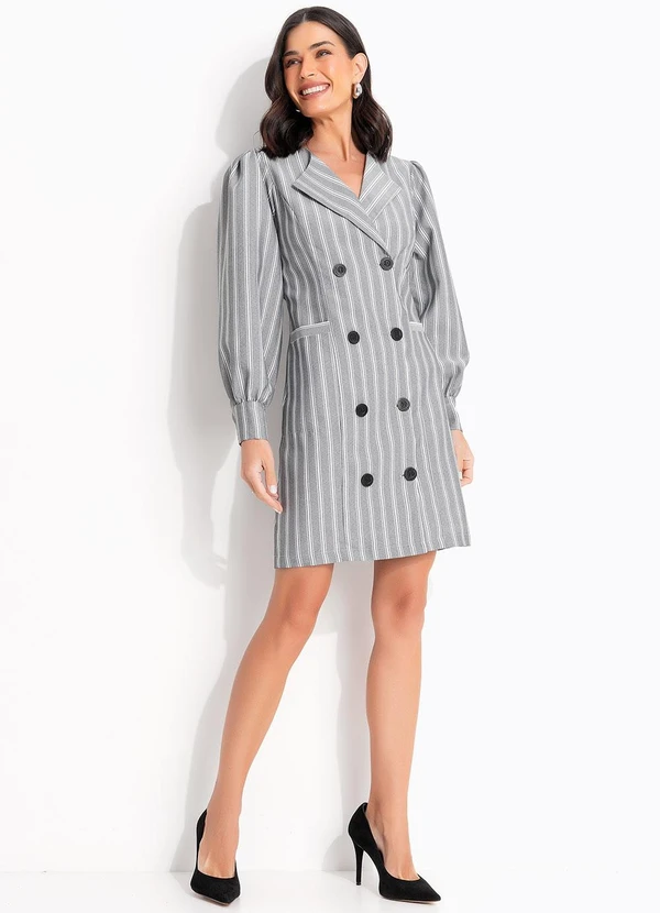 Quintess - Vestido Listrado Cinza em Tecido Plano 5