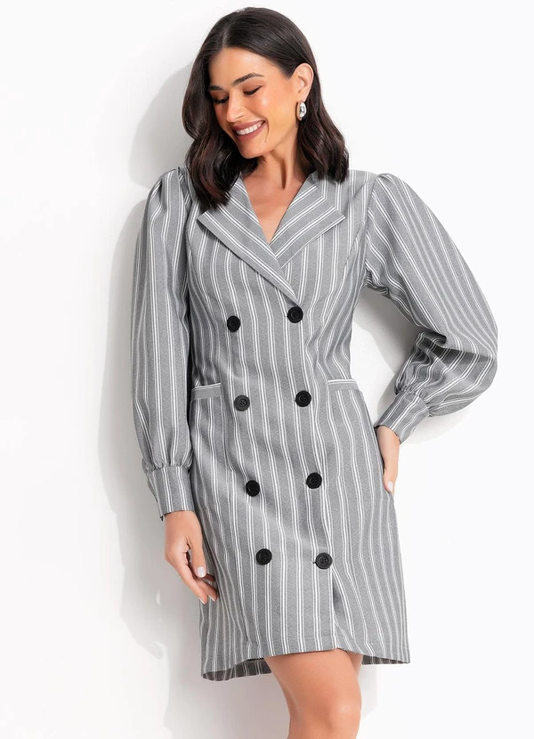 Quintess - Vestido Listrado Cinza em Tecido Plano 6