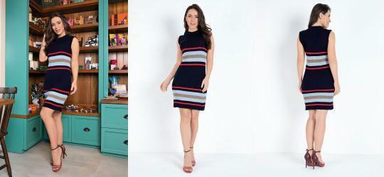 Vestido Listrado Marinho Tubinho em Tric