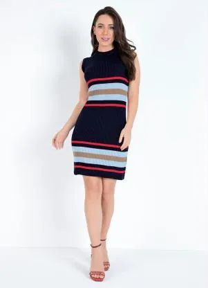 Rosalie - Vestido Listrado Marinho Tubinho em Tricô - ROSALIE