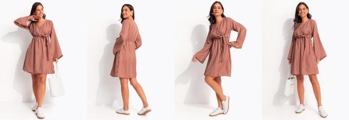 Vestido Curto Transpassado Listrado Marrom com Manga Ampla