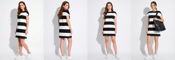 Vestido Listrado Preto e Branco em Malh�o de Algod�o