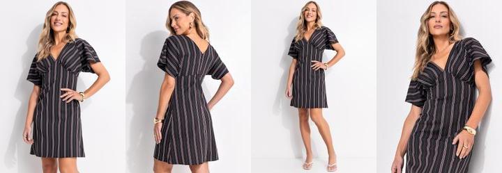 Vestido Listrado Preto em Polister com Elastano