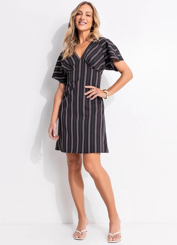 Quintess - Vestido Listrado Preto em Poliéster com Elastano