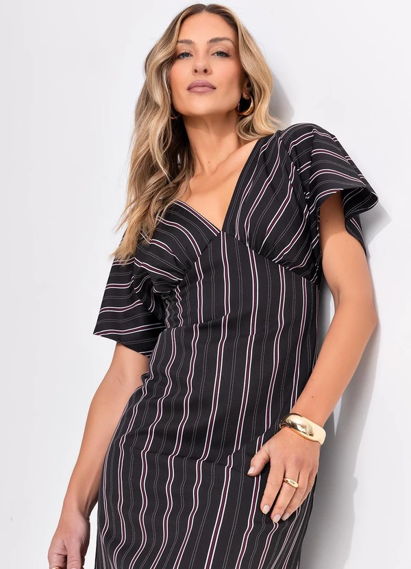 Quintess - Vestido Listrado Preto em Poliéster com Elastano 4