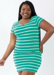 Vestido Listrado Verde com Mangas Curtas