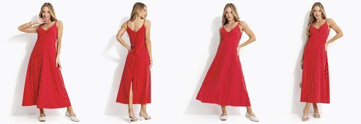Vestido Listrado Vermelho em Tecido de Polister