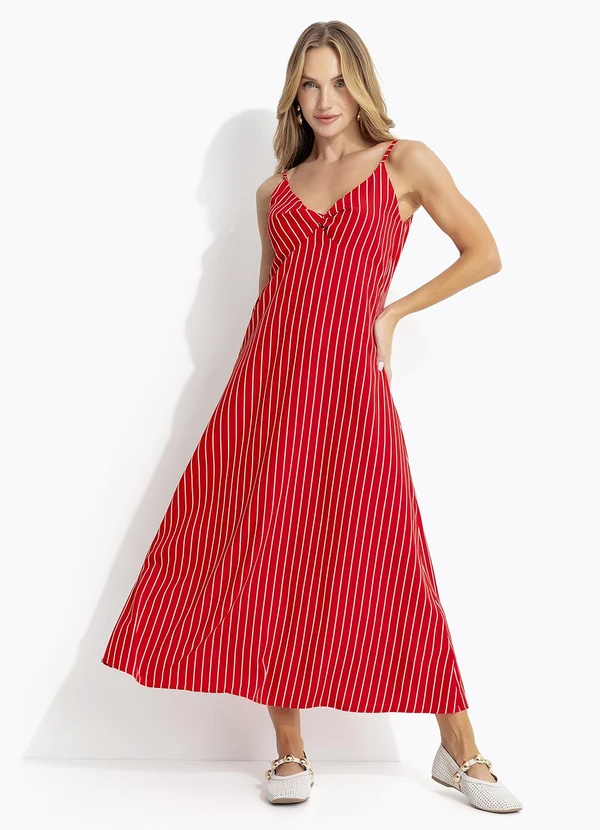 Quintess - Vestido Listrado Vermelho em Tecido de Poliéster 3