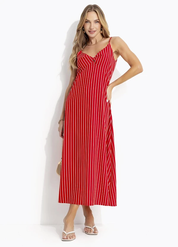 Quintess - Vestido Listrado Vermelho em Tecido de Poliéster 5