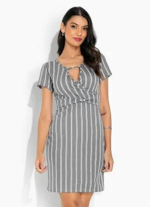 Moda Pop - Vestido Listras Cinza Faixa com Nó na Cintura - MODA POP