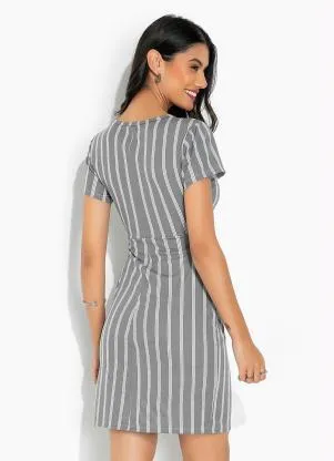Moda Pop - Vestido Listras Cinza Faixa com Nó na Cintura - MODA POP