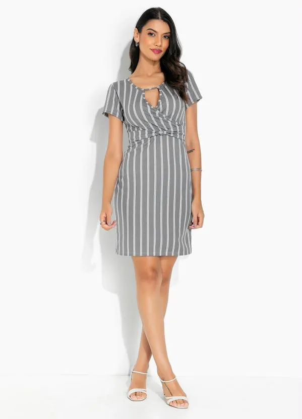 Moda Pop - Vestido Listras Cinza Faixa com Nó na Cintura 4