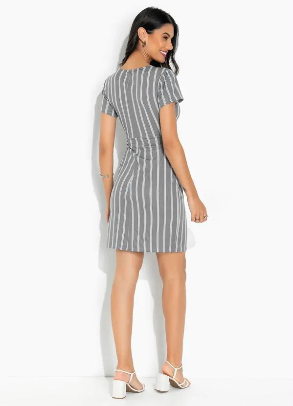 Moda Pop - Vestido Listras Cinza Faixa com Nó na Cintura 5