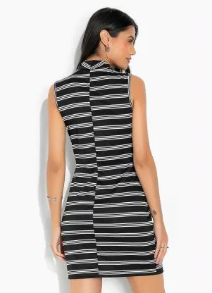 Moda Pop - Vestido Listras Preta com Gola - MODA POP