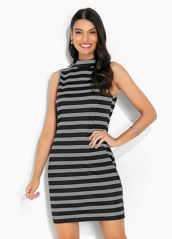 Moda Pop - Vestido Listras Preta) com Gola