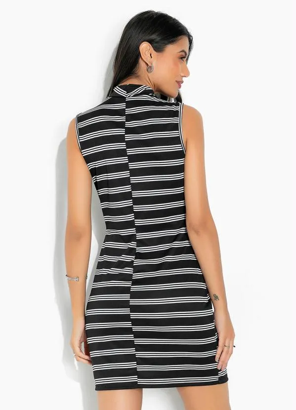 Moda Pop - Vestido Listras Preta) com Gola 2