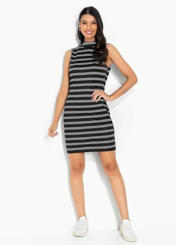 Moda Pop - Vestido Listras Preta) com Gola 3