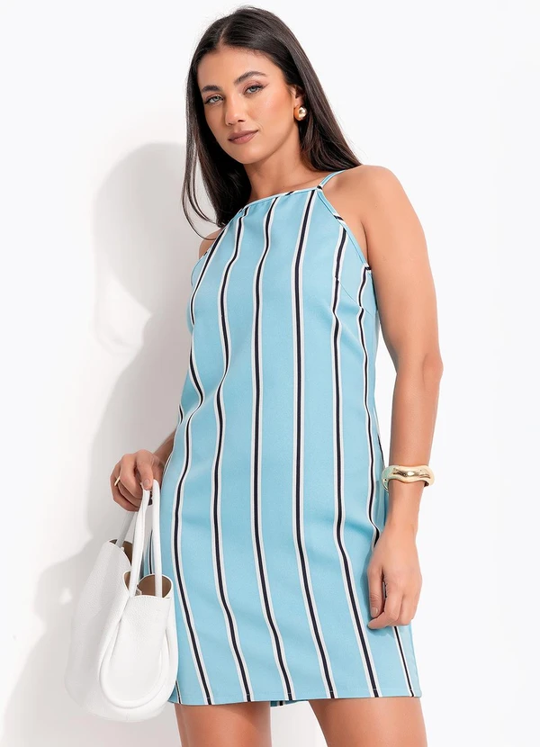 Quintess - Vestido Litrado Azul em Crepe Plano