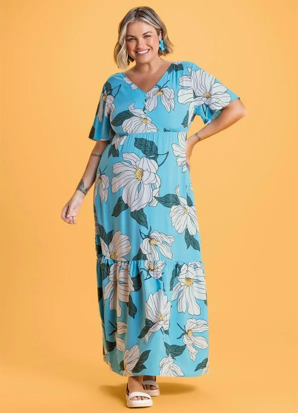 Marialícia - Vestido Longo Estampado Flores Azul 2
