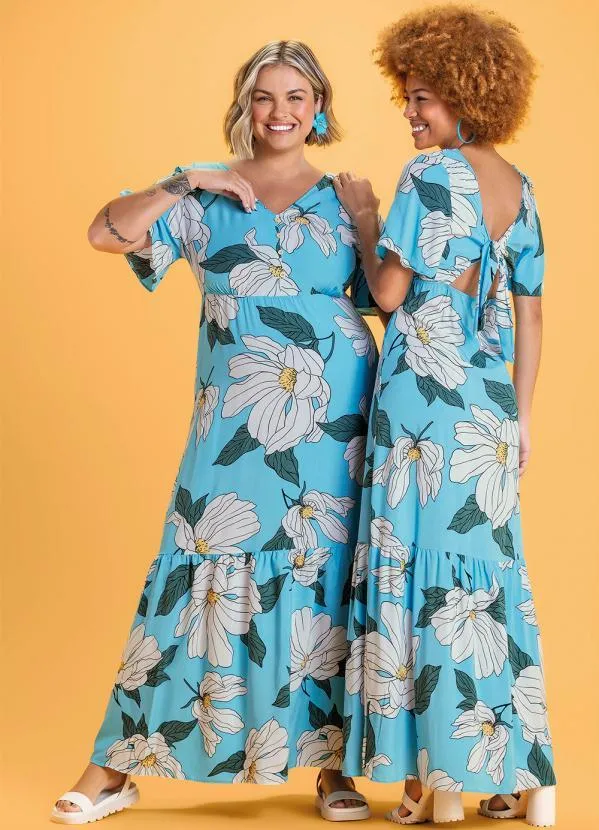 Marialícia - Vestido Longo Estampado Flores Azul 4