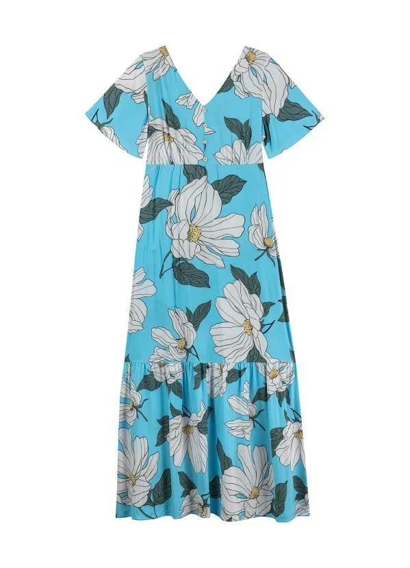 Marialícia - Vestido Longo Estampado Flores Azul 5