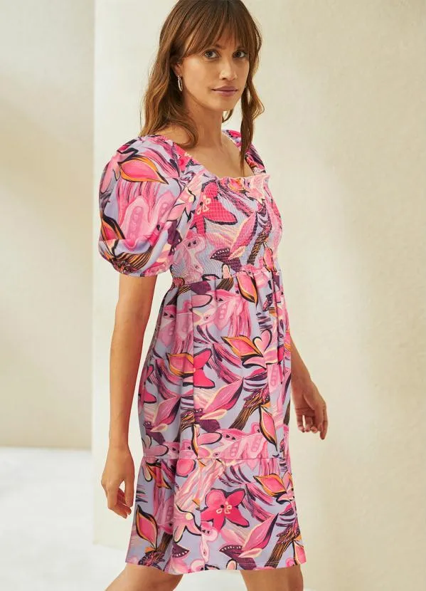 Outlet - Vestido Manga Bufante Floral Rosa