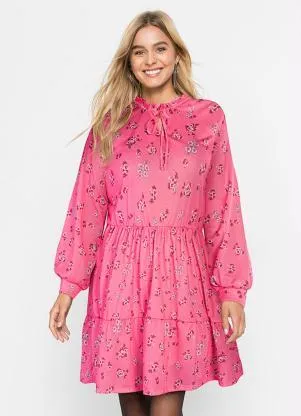 Queima Estoque - Vestido Manga Longa Bufante Floral Rosa - QUEIMA ESTOQUE