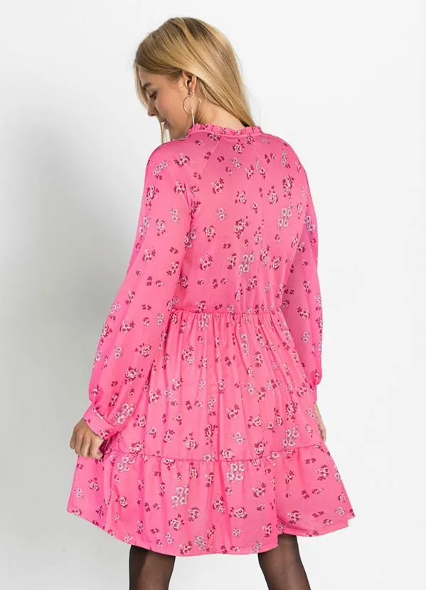Queima Estoque - Vestido Manga Longa Bufante Floral Rosa 2