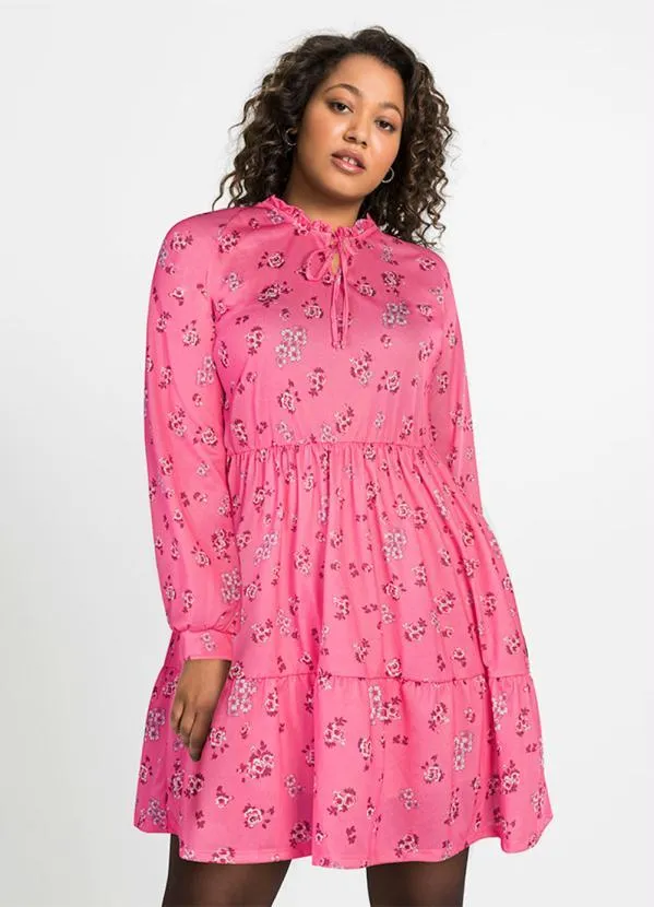 Queima Estoque - Vestido Manga Longa Bufante Floral Rosa 7