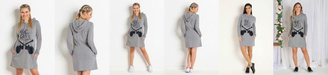 Vestido Manga Longa com Capuz e Bolsos Mescla