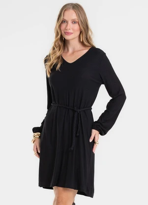 Rovitex - Vestido Manga Longa com Cinto Preto - ROVITEX