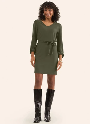 Rovitex - Vestido Manga Longa com Cinto Verde - ROVITEX