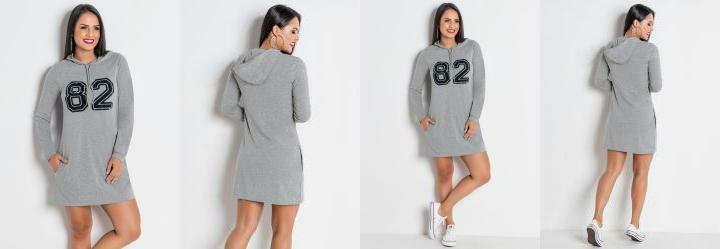 Vestido Manga Longa Mescla com Bolsos e Capuz