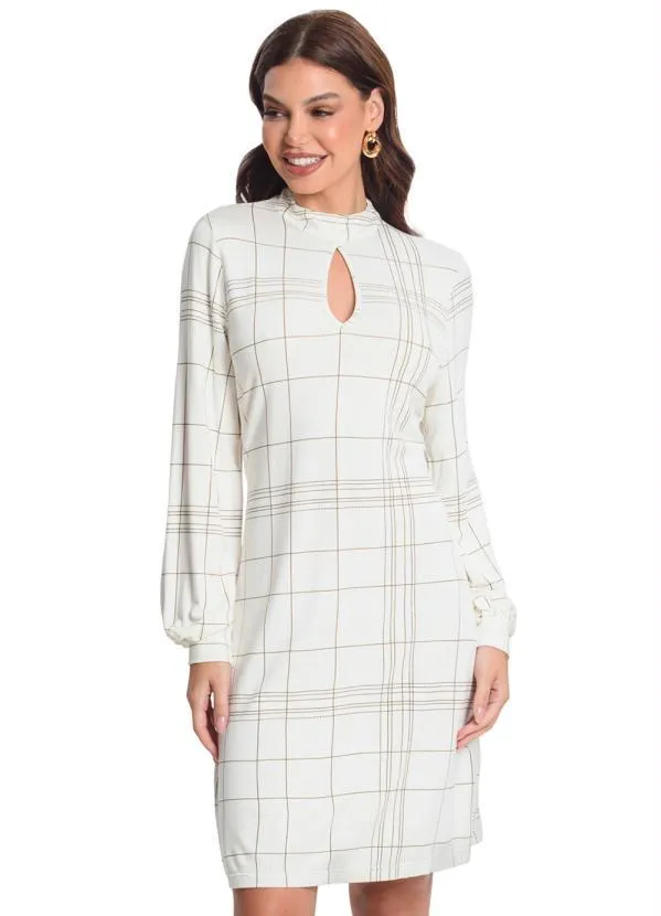 Rovitex - Vestido Manga Longa Xadrez Bege