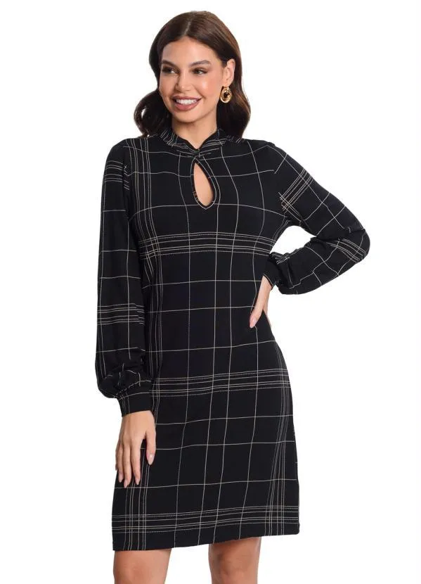 Rovitex - Vestido Manga Longa Xadrez Preto