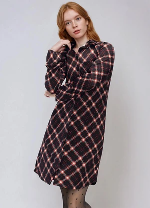 bonprix - Vestido Manga Longa Xadrez Vermelho - BONPRIX