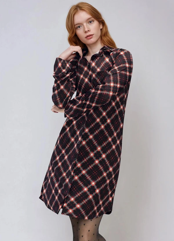 bonprix - Vestido Manga Longa Xadrez Vermelho