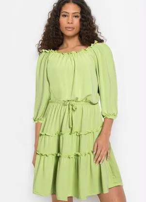 bonprix - Vestido Mangas 3/4 com Babadinho Verde Lima - BONPRIX