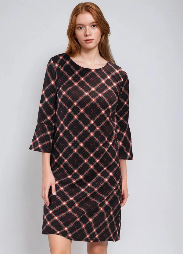 bonprix - Vestido Mangas 3/4 Xadrez Vermelho