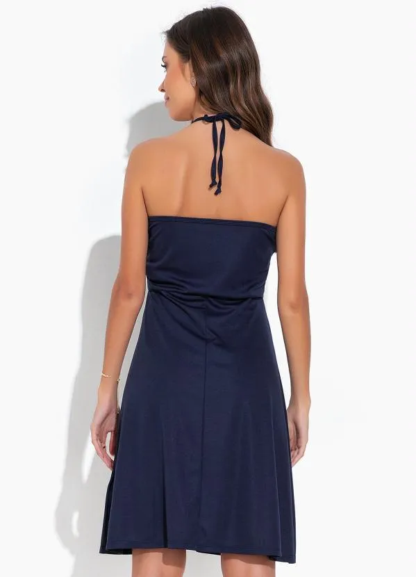 Moda Pop Vestido Marinho com Amarração no Pescoço