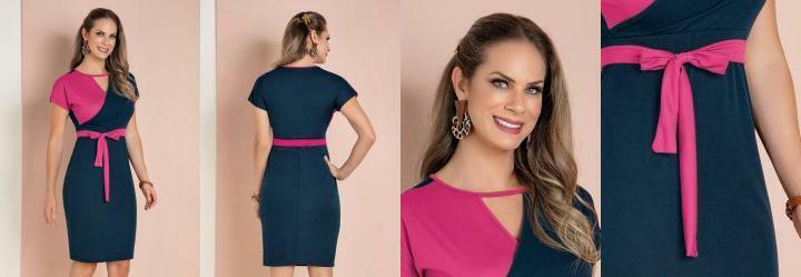 Vestido Marinho e Rosa com Transpasse e Faixa