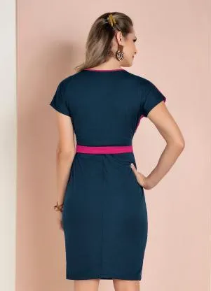 Moda Pop - Vestido Marinho e Rosa com Transpasse e Faixa - MODA POP