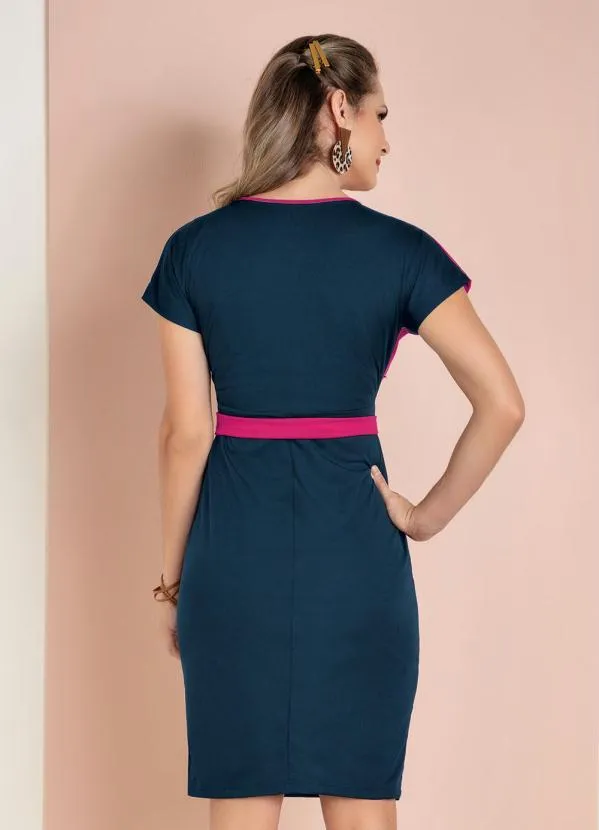 Moda Pop - Vestido Marinho e Rosa com Transpasse e Faixa 2