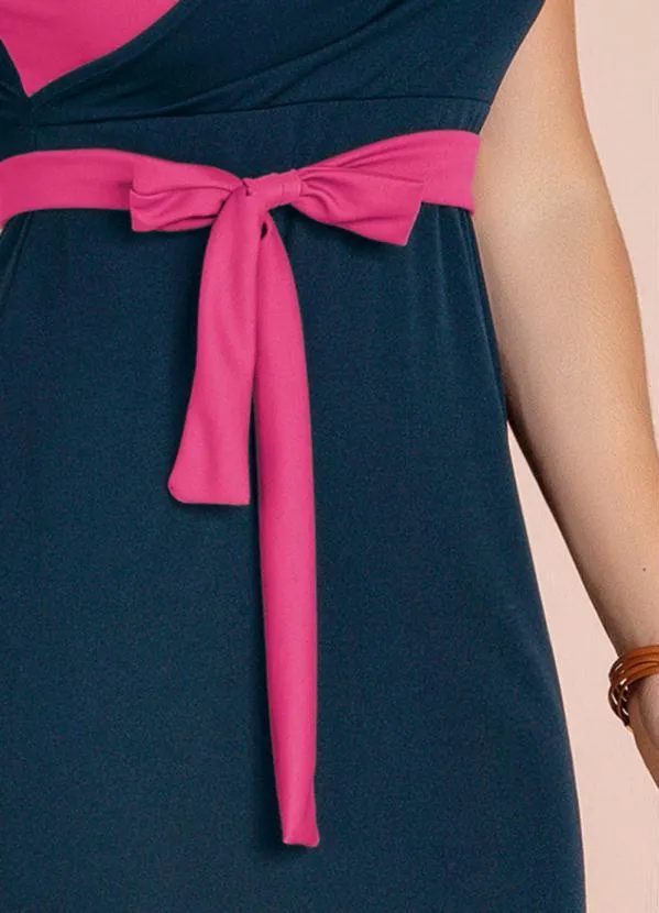 Moda Pop - Vestido Marinho e Rosa com Transpasse e Faixa 4