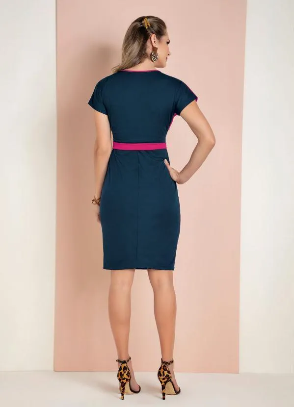 Moda Pop - Vestido Marinho e Rosa com Transpasse e Faixa 6