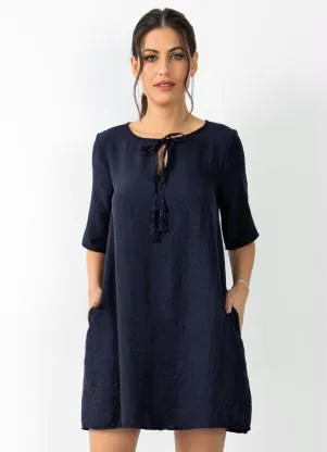 Quintess - Vestido Marinho em Tecido Plano com Amarração - QUINTESS