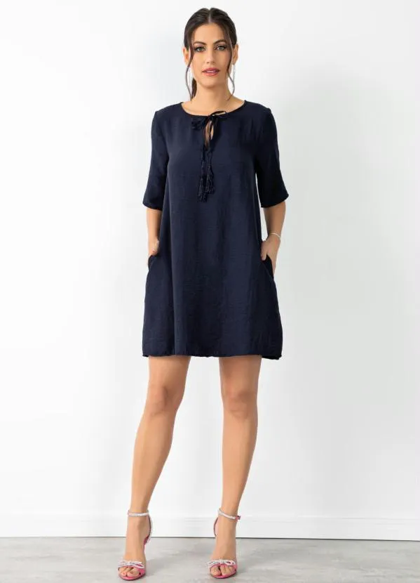 Quintess - Vestido Marinho em Tecido Plano com Amarração 2