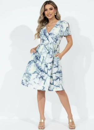 Quintess - Vestido Mármore Azul Transpassado Mangas Curtas - QUINTESS