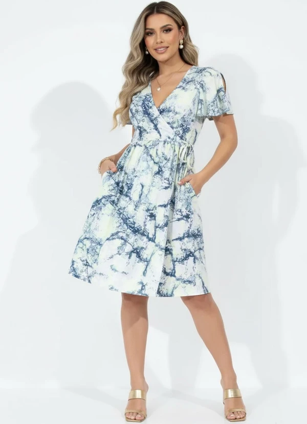 Quintess - Vestido Mármore Azul Transpassado Mangas Curtas
